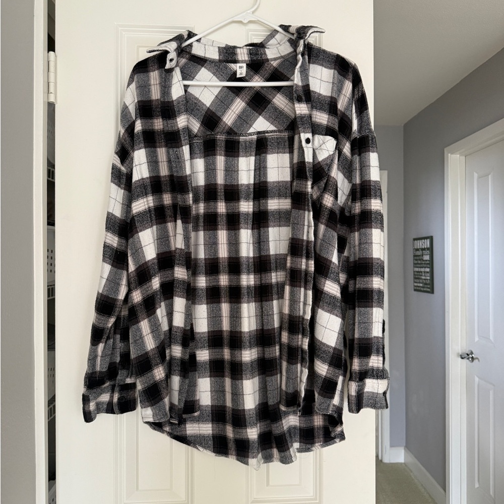 Black and White Plaid Button-Up Coat
